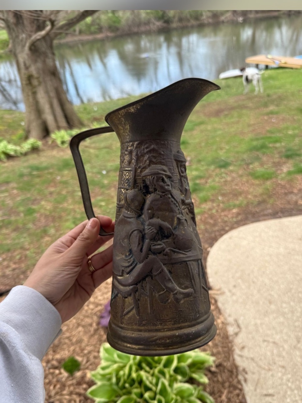 Embossed Antique-Style Metal Pitcher in Dark Bronze